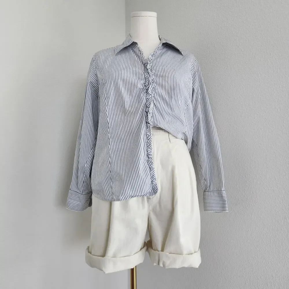 Vintage Y2K White Blue Striped Ruffle Button Down Long Sleeve Shirt Talbots L XL